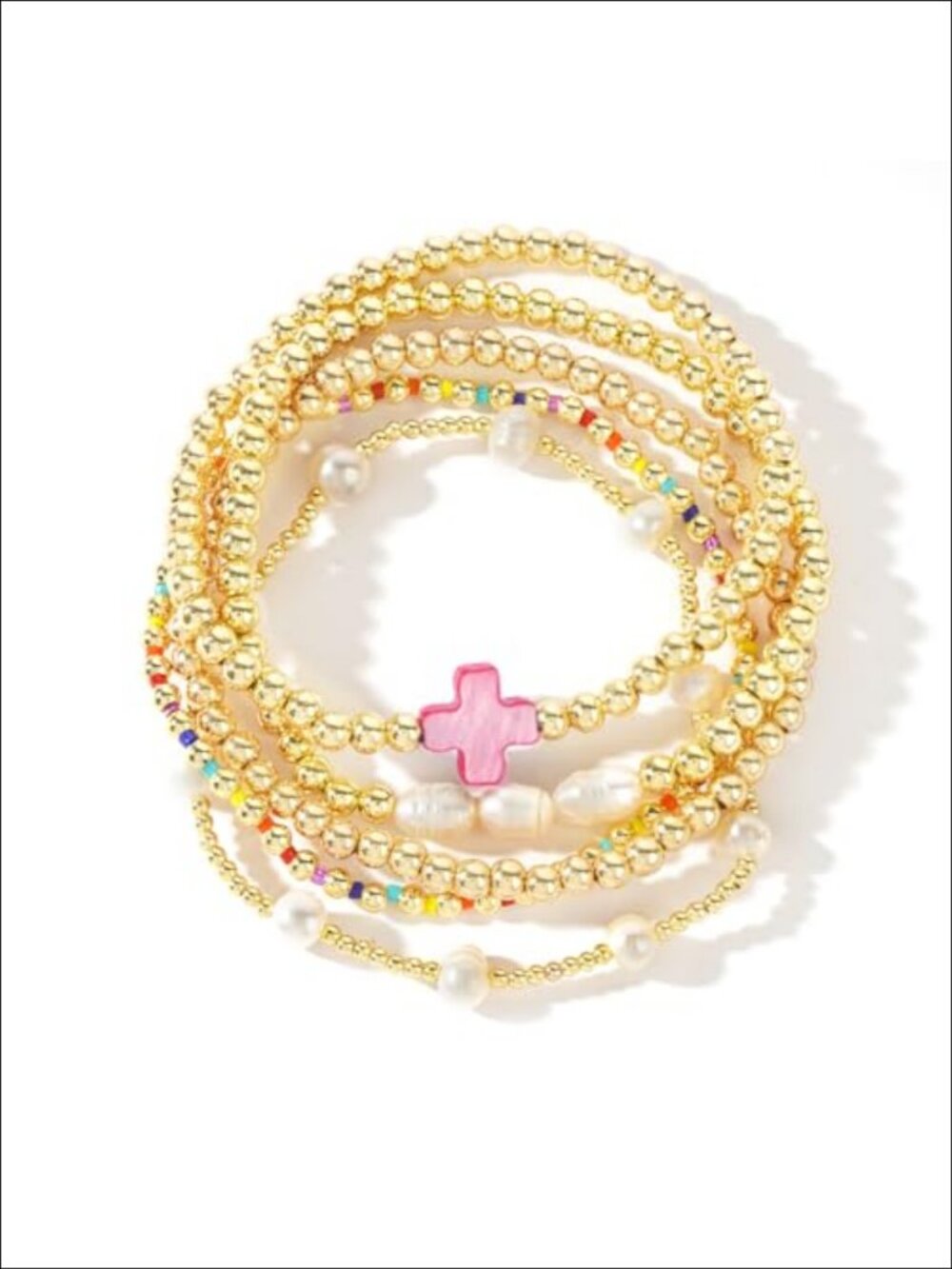 Gold Plated Pearl Beaded Stackable Stretch Bracelets Set Boho Stack